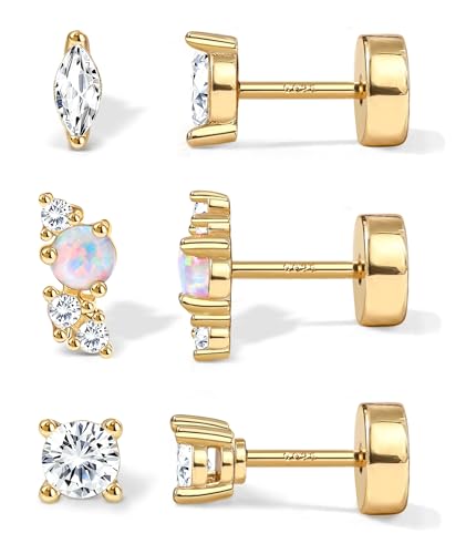 JeweBella 3 Pares Pendientes Plata de Ley 925 para Mujer Chapada en Oro de 14K Pequeños Pendientes Plata Oro Apilables Aretes Juego para Múltiples Piercing Oreja Helix Tragus