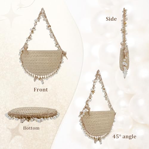 Gets Women Pearl Straw Clutch Purse Woven Summer Beach Evening Bag Wedding Party Straw Shoulder Handbag4