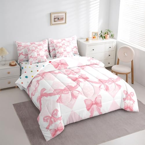 Image of Watercolor Bow Bed in a Bag Queen Comforter Set 7-Piece | Pink Bow Tie Bedding Sets Dreamy Princess Style Bowknot Comforter and Sheet Set, Girly Pink Bow Room Decor,Cute Room Decor Aesthetic Kawaii