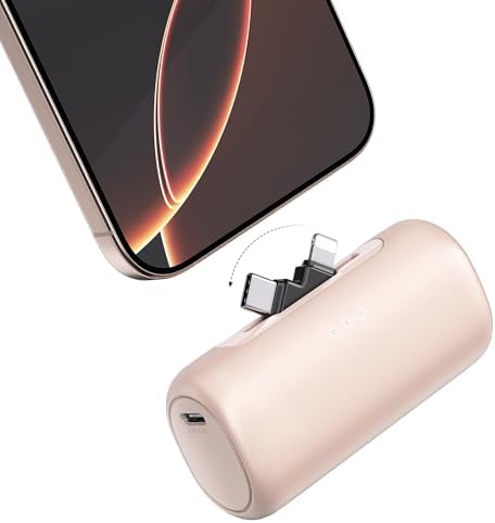 2-in-1 Portable Charger for iPhone, 5000mAh Small Power Bank, Fast Charging Battery Pack Compatible with iPhone 16/15/14/13/12/11 Series, Samsung S24/23, Android, Pink