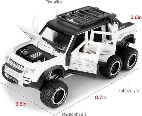 Image of 1:24 Land Rover Defender Six Wheels Off-Road Pickup Car Model, Pull Back Diecast Truck Collectible with Sounds & Lights, Gift for Kids, Boys, Girls, and Adults (White)
