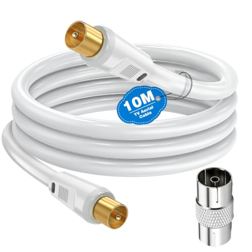 Image of Ancable TV Aerial Cable with Coaxial Adapter 10M White TV Ariel Lead