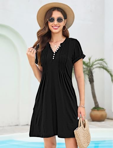 Image of Soesdemo Short Sleeve Dress for Women Bohemian V Neck Button Down Pleated Casual Flower Womens Dresses with Pockets