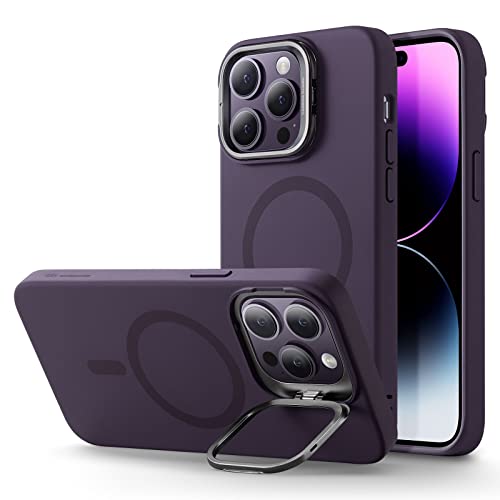 Image of ESR Silicone Case for iPhone 14 Pro Max, Built-in Camera Stash Stand Compatible with MagSafe, Military-Grade Drop Protection Magnetic Phone Case for iPhone 14 Pro Max, Cloud Series,Purple