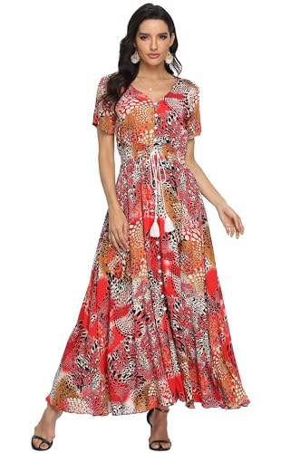 Image of VintageClothing Women's Floral Maxi Dresses Boho Button Up Split Summer Casual Long Dress Beach Party Dress