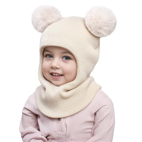 Gorro de Invierno para bebés y niñas, Gorro de Punto cálido con Pompones Gorros Y Bufandas Máscaras Bebe 2 En 1 Beanie Gorro de Punto Cálido