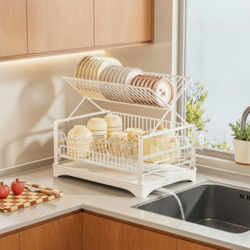 Escurridor de platos dos niveles de gran capacidad: organizador multifuncional blanco 6
