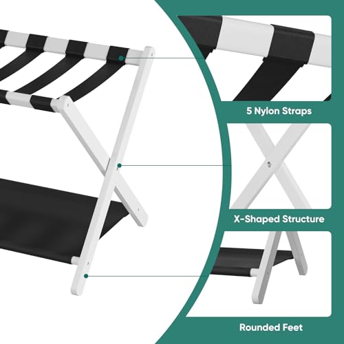 Smuxee White Bamboo Luggage Rack Pack of 2, Foldable Suitcase Stand with Storage Shelf, Easily Assembled Luggage Stand with 5 Nylon Straps for Guest Room Bedroom Hotel - Thumbnail 4
