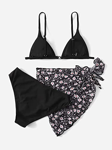 Image of SHENHE Girl's 3 Piece Swimsuit Cute Spaghetti Strap Triangle Bikini with Ditsy Floral Print Cover Up Kid Bathing Suit Black 170