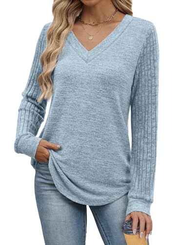 WIHOLL Sweaters for Women V Neck Long Sleeve Tunic Tops Sleeve Patchwork Shirts Loose Fit Sweaters Fall Winter Clothes S-3XL