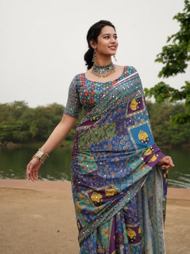 Image of Sidhidata Women's Chinon Ajrakh Printed Mirror Patch Work Saree With Unstitched Blouse Piece (Rangrezz Blue Blue Free Size)