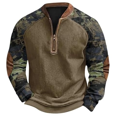 AITEQY Mens Camo Crewneck Sweatshirt Winter Henley Neck Long Sleeve Pullover Half Zip Tactical Polo Shirts with Elbow Patches Plain Sweatshirts Camo Sweatshirt Fleece Sweater Cover