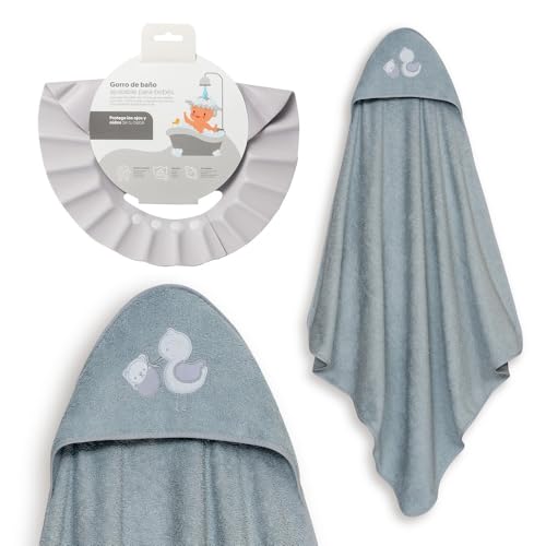 Interbaby - Capa de Baño Bebé + Gorro Ajustable | Toalla con Capucha 100% Algodón, Unisex | Suave, Secado Rápido | Ideal para Recién Nacidos, Bebes y Niños Pequeños | Diseño Cigüeña Oso