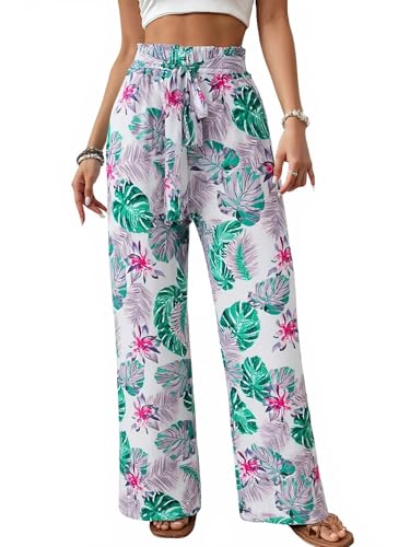 ECOWISH Wide Leg Pants for Women Summer 2024 Palazzo Tropical Floral Belted Casual Lightweight High Waist Flared Trousers with Pockets White Small