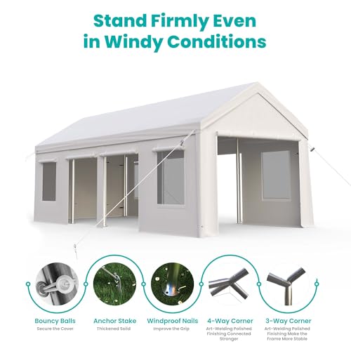 13x25ft Carport, Heavy Duty Carport with Reinforced Steel Poles, Upgraded Portable Garage with Doors & Window, UV Resistant All-Season Waterproof Tarp, for Car, Truck, Boat(White)