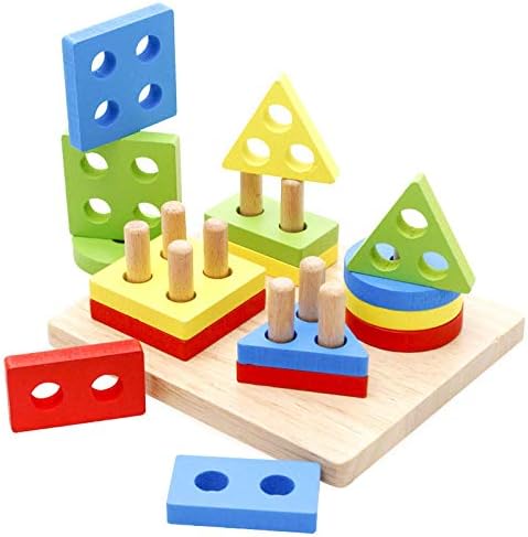 Wooden Geometric Shape Sorting Puzzle, Montessori Educational Toy, Four Column Stacking Board with Colourful Blocks