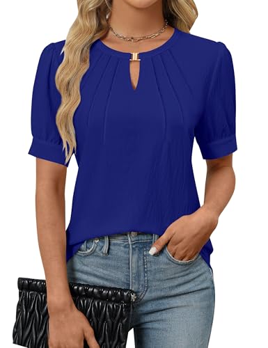 Blooming Jelly Womens Dressy Casual Tops Pleated Business Blouses Metal Work Summer Shirts (Medium, Royal Blue)