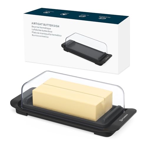 KITCHENDAO Airtight Butter Dish with Lid for Countertop and Fridge, Dishwasher Safe, BPA Free Wide Plastic Butter Keeper for 2 Sticks East Coast/West Coast/European Style/Kerrygold Butter, Black