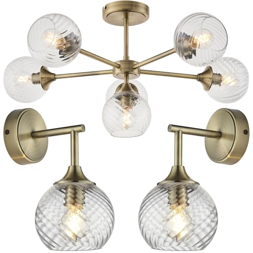 Image of 6 Light Semi Flush Ceiling & 2X Matching Wall Lights - Antique Brass Clear Spiral Patterned Shade