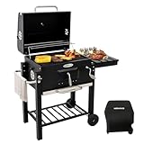 HOMAVO Holzkohlegrill, Klappbarer Grill mit Deckel, Grillfläche 56×42,5 cm, Höhenverstellbarer Kohlekorb, Klappbarer Seitentisch und Schutzhülle inklusive