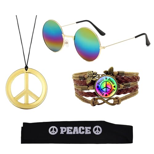 GWAWG 4 Pièces Ensemble de Costumes Hippie, Années 70 Accessoires Hippy Lunettes de Soleil Vintage Peace Sign Collier Bracelet Hip Hop Disco Accessoires...
