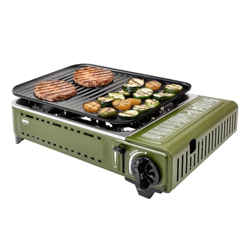 Amig - Camping Gas BBQ01, Tragbare Küche, Grillkocher - Aluminiumguss Grillplatte, Mit Edelstahl-Fettauffangschale, 1,8 kW Leistung, Kompatibel mit B-250 Kartuschen