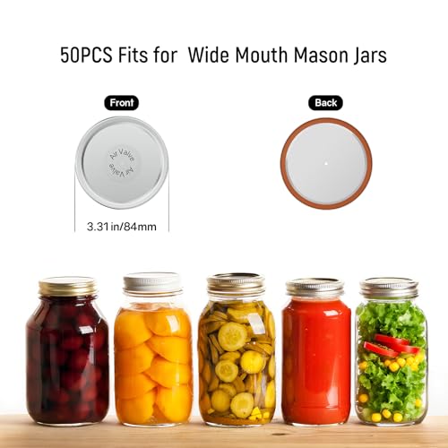 Image of 50PCS Wide Mouth (3.31 inch) Canning Lids for Mason Jars Vacuum Seal | Leak-Proof & Vacuum Seal, Compatible with Electric Vacuum Sealers, for Canning Food, Jams, Fruits