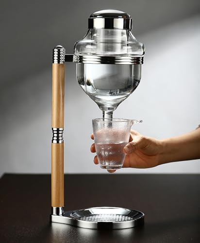Juego de dispensador de sake estilo goteo con enfriador de vidrio, uso en frío caliente, incluye 4 tazas de sake, servidor de hielo estilo japonés para enfriar y decantar rápidamente