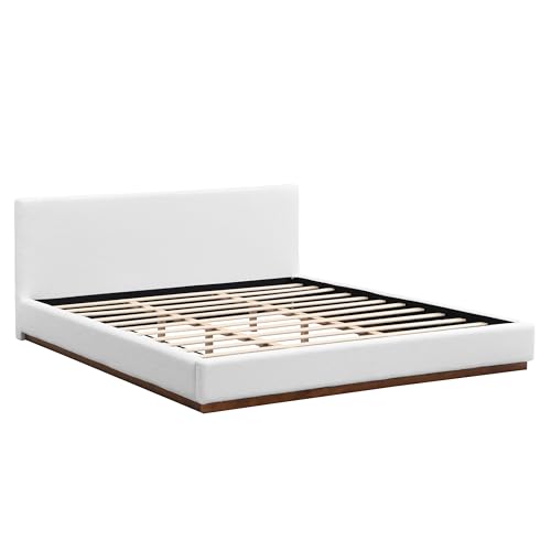 Image of Merax King Size Boucle Upholstered Bed Frame with Thick Headboard, Minimalism White Upholstery Platform Bed for Bedroom, Apartment, Solid Wooden Slats Support, No Box Spring Needed, Low Profile Design