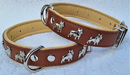 Bully Französische Bulldogge Frenchie Halsband - Halsumfang 30-39cm/30mm, 32-44cm/30mm, 36-49cm/30mm Leder Cognac Beige (3. Halsumfang 36-49cm/30mm/55cm)