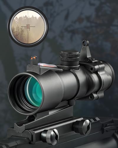 PINTY 4x32 Prism Scope with Fiber Sight, 4X Compact Tactical Rifle Scope with Fiber Reticle Sight, Iron Sights, Multicoated Lenses, Fiber Optical Scope for 20 mm Picatinny, Black