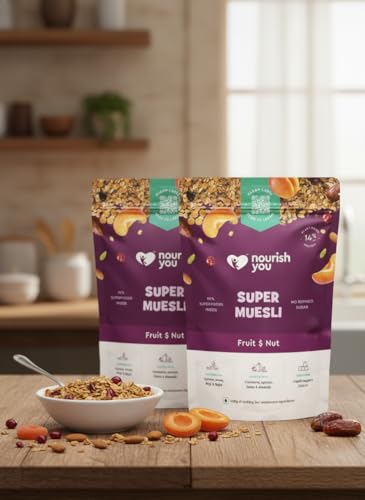 Image of Nourish You Super Muesli Fruit & Nut 400g Pack x Pack of 2 | Whole Grain Muesli with Rolled Oats, Quinoa, Ragi | Kakvi Natural Sweetener | High Fiber & Protein Cereal | Gluten Free Healthy Breakfast