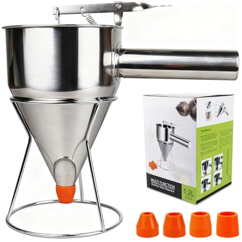 Pancake Batter Dispenser, Large 40oz/1200ml Multi-Caliber Stainless Steel Funnel Cake Dispenser with Stand for Commercial and Home Use