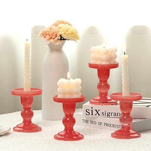 Set Of 4 Pink Glass Candle Holder Set, Vivitop Candlesticks Holders Pillar Taper Candles Tealight Stand For Wedding Centerpieces Home Decorations Dining Table #TOP4