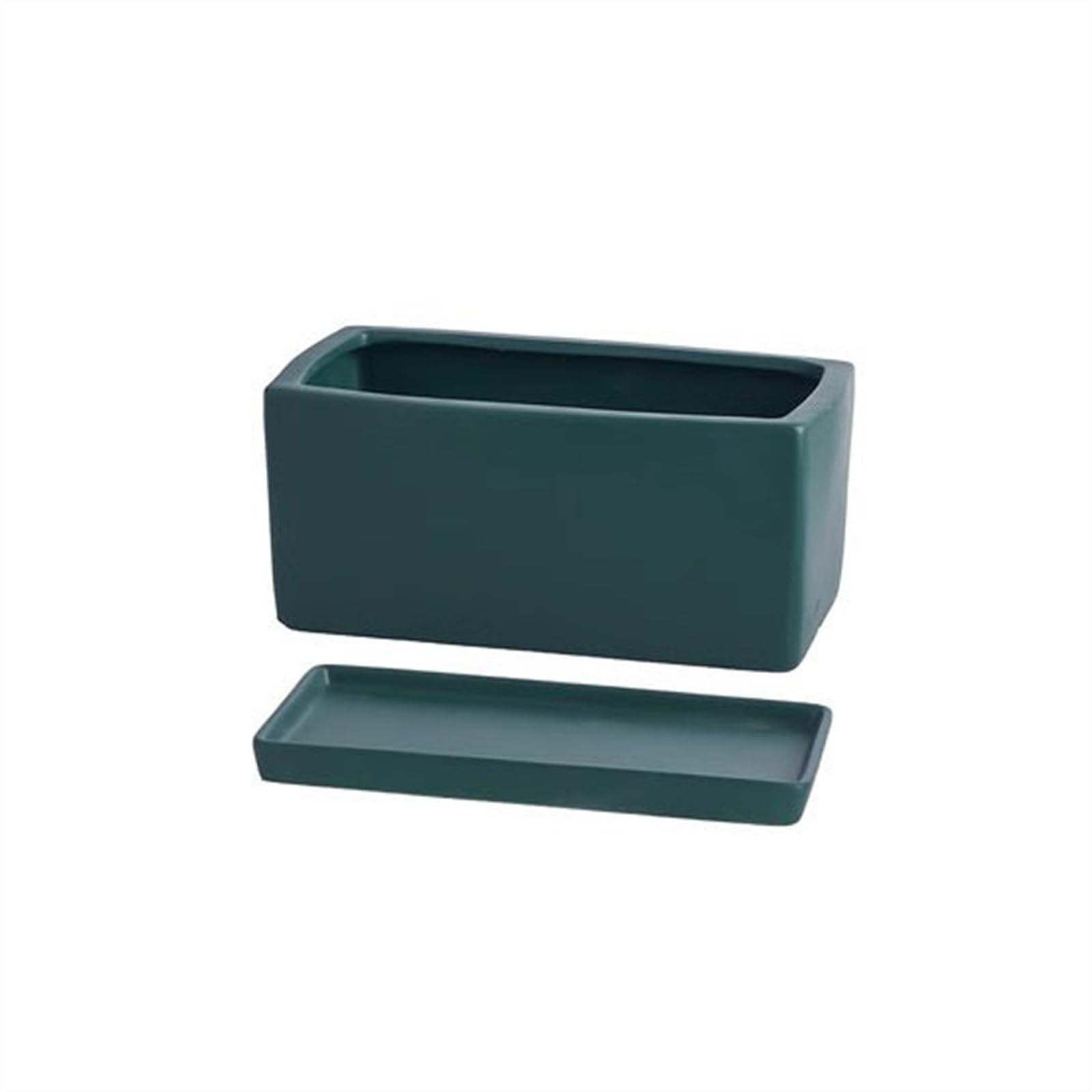 SDA287MZ Ceramic Rectangular Planter with Tray Scandinavian Simple Succulent Green Office Desktop Perforated Small Potting Ware Multifunction(Deep green with tray,Small)