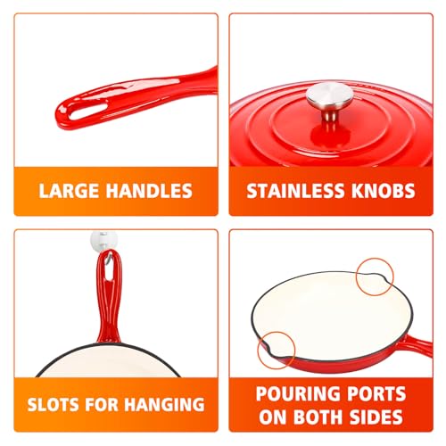 Hisencn Batterie de cuisine 5 pièces en fonte émaillée – Cocotte, casserole et poêle avec couvercles, sans PFOA, compatible avec l'induction, rouge rouge – Image 5