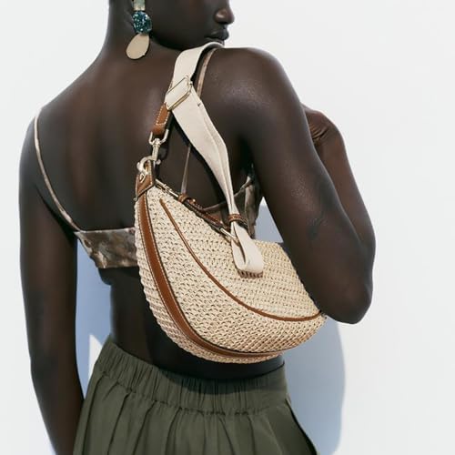 Image of Straw Crossbody Bags for Women Crescent Woven Shoulder Handbag Summer Beach Hobo Purses with Adjustable Strap Khaki