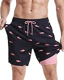 MaaMgic 5" Mens Swim Shorts with Compression Liner 4-Way Stretch Bathing Suit Swimming Shorts with Pockets,Pink Shark - Black,L