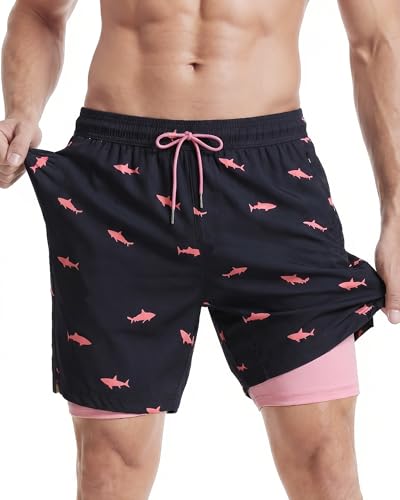 MaaMgic 7' 2 en 1 Bañador con Forro de Compresión con Cremallera Hombre Shorts de Baño Shorts de Playa Traje de Baño para Natación Secado Rápido para Vacaciones,03Tiburón Rosa-Negro,L