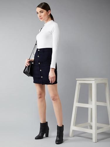 Image of Dolce Crudo Women's Black Stretchable Solid A-line Mini Denim Skirt