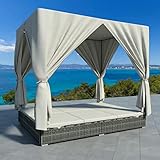 YEZIYIYFOB Sunlounger with Curtains Poly Rattan Outdoor Patio Wicker Sun Lounger Sunbed Daybed with...