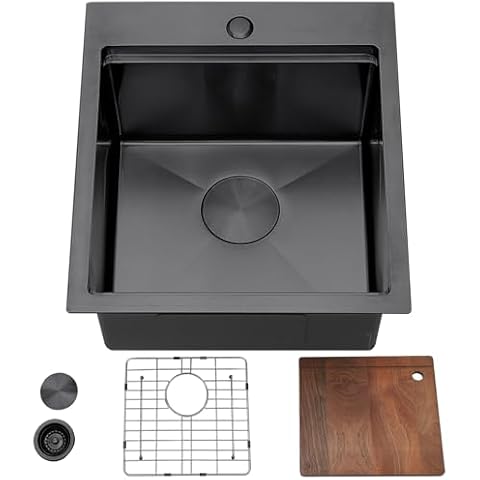 VESLA HOME 17x19 inch Black Bar Sink Drop in,Single Bowl Topmount Stainless Steel Workstation Small Kitchen Sink for Wet Bar Prep RV Yard Office with Dish Grid & Drain & Cutting Board Cover