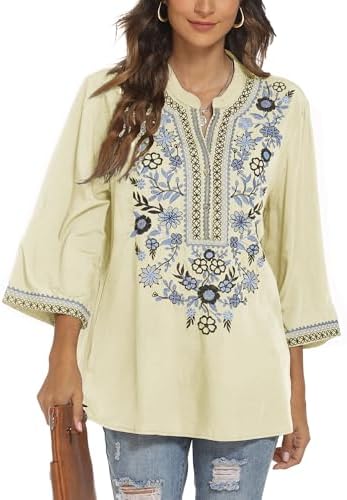 Mexican Embroidered Shirts for Women Bohemian Tops Peasant 3/4 Sl...