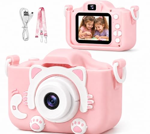 Câmera Digital Infantil Kids Gatinho HD Portátil Tela LCD Recarregável Brinquedo Educativo Antichoque Fotográfico Vídeo com Cabo USB Alça de Segurança Azul