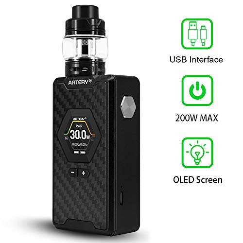 E Cigarette Starter Set Artery 200w Cartucho de batería con vaporizador de 4 ml E Relleno superior Shisha Vape, Nuevo modo de sabor, Sin nicotina (Negro)