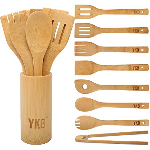 YKB Wooden Spoons for Cooking9 Pieces Kitchen Utensils SetNon-stick Bamboo Kitchen Tool Cooking Spoons Spatula