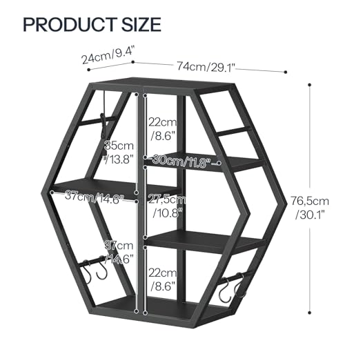 Image of HOOBRO Gaming Floating Shelves with LED Lights, Gaming Wall Mounted Shelf, Hexagonal Display Rack for Wall Storage, Floating Rack with 4 S-Hooks, for Gaming Room, Black BB76DBJ01