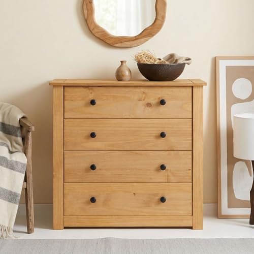 CARO-Möbel Kommode Cancun im Landhaus Stil aus Kiefer massiv, Moderne Anrichte mit 4 Schubladen, Sideboard mit gebeizter gewachster Oberfläche