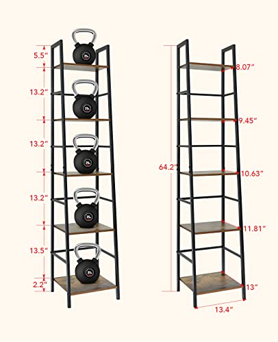 Pshelfy Bookshelf, 5-Tier Narrow Ladder Shelf Bookcase With Metal Frame, Freestanding Corner Rack Shelves For Small Spaces Display Storage Organizer Tall Skinny Shelf For Bedroom Living Room Kitchen #TOP2