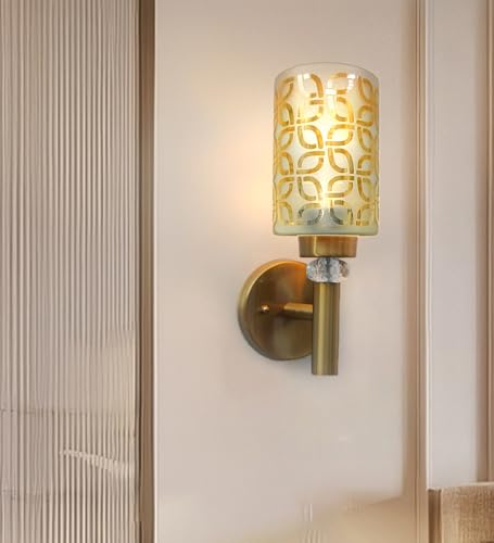 Image of WHITERAY Modern Golden Wall Lamp Frosted Glass Shade Stylish Metal Body with Crystal Accent Decorative Indoor Sconce Lighting Wall Light Fixture for Living Room, Staircase & Home Decor (Without Bulb)